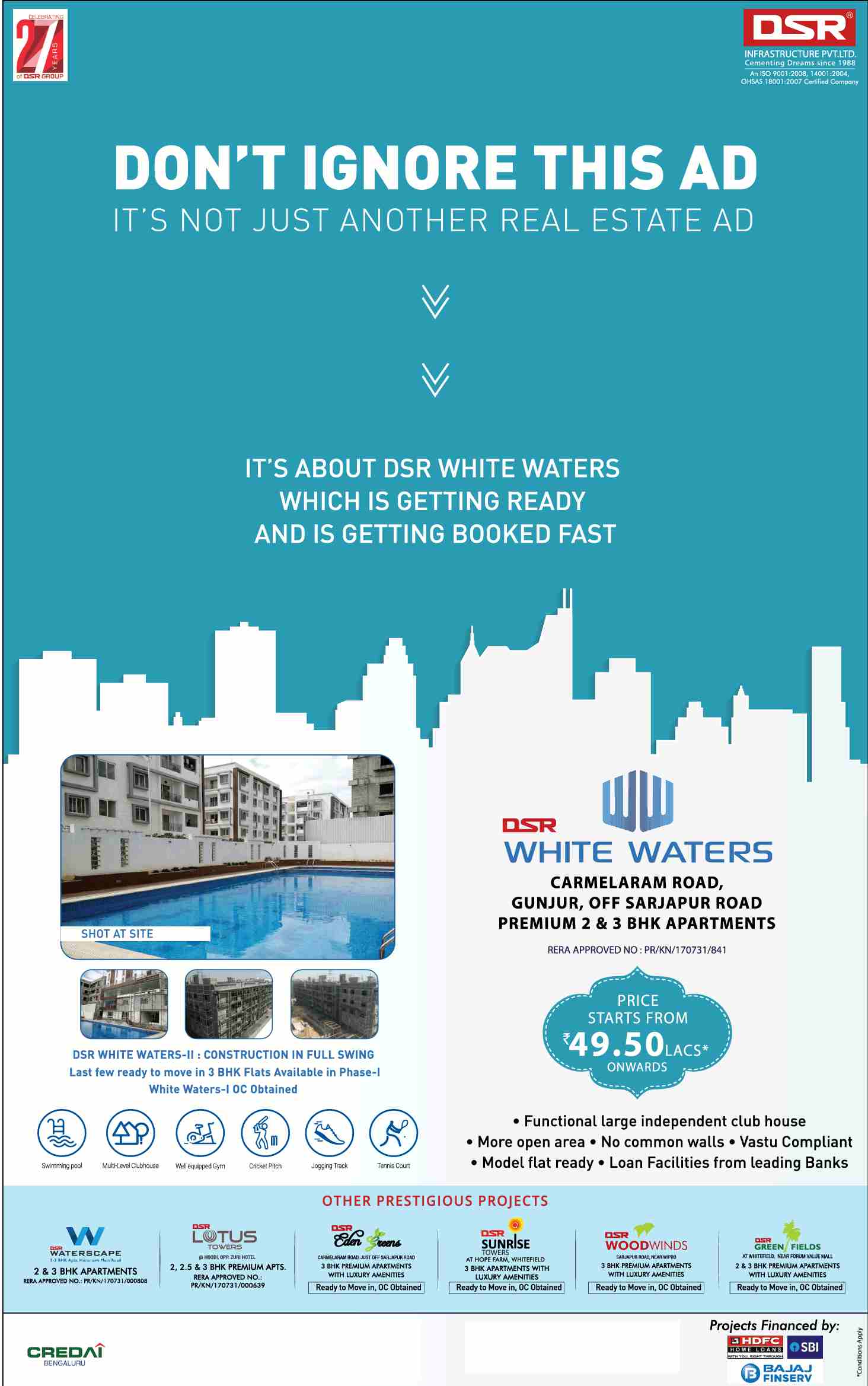 Book premium home starting @ 49.50 Lacs at DSR White Waters in Bangalore